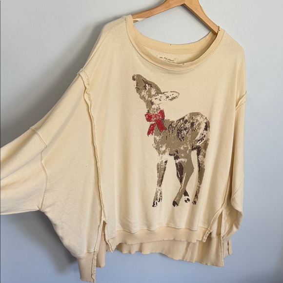 We The Free Cream Deer Graphic Sweatshirt – Red Bow Detail – Cozy Cottagecore - Picture 2 of 5